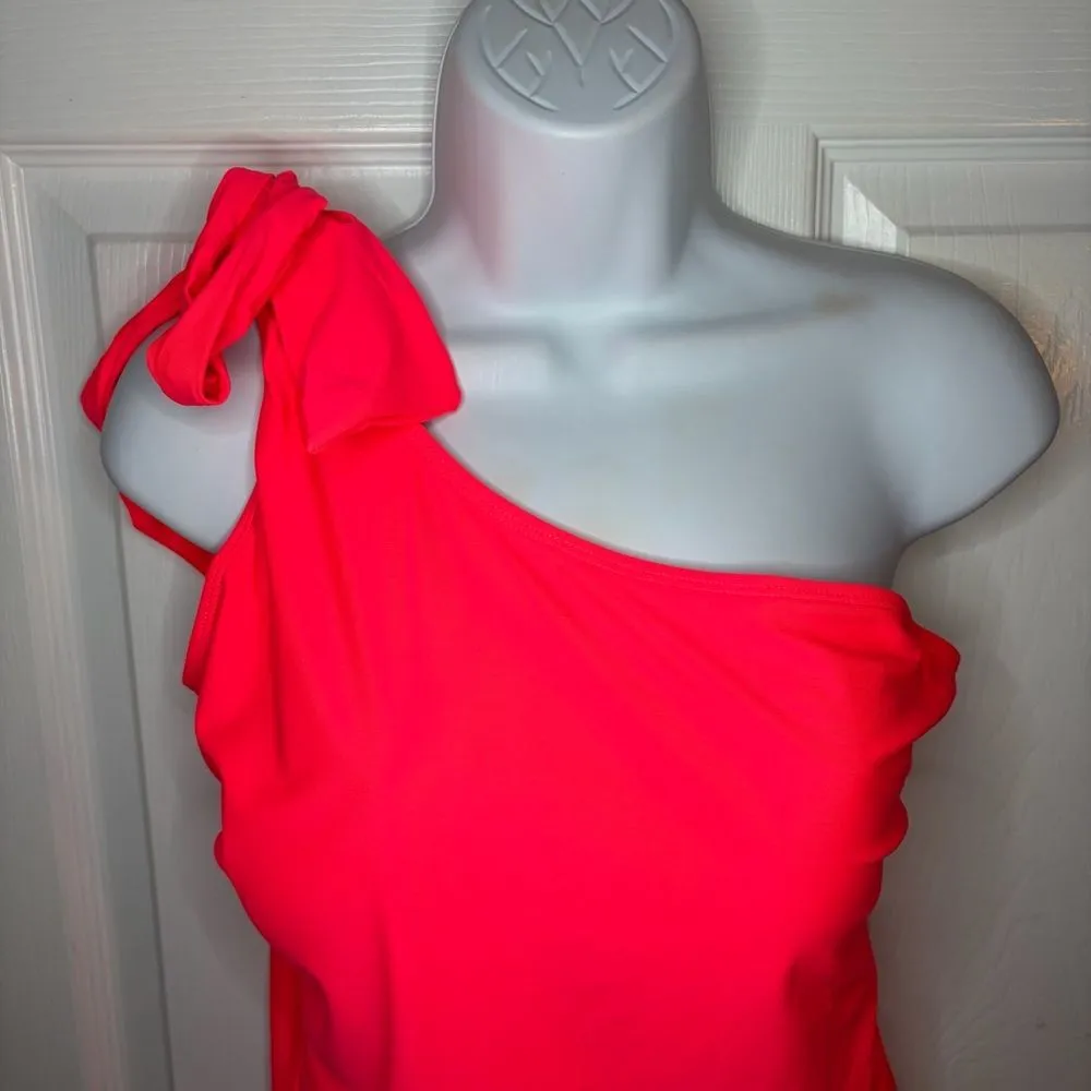 Unique Vintage Bright Coral One Shoulder One Piece Swimsuit Bow Tie XXL NWT - Image 5