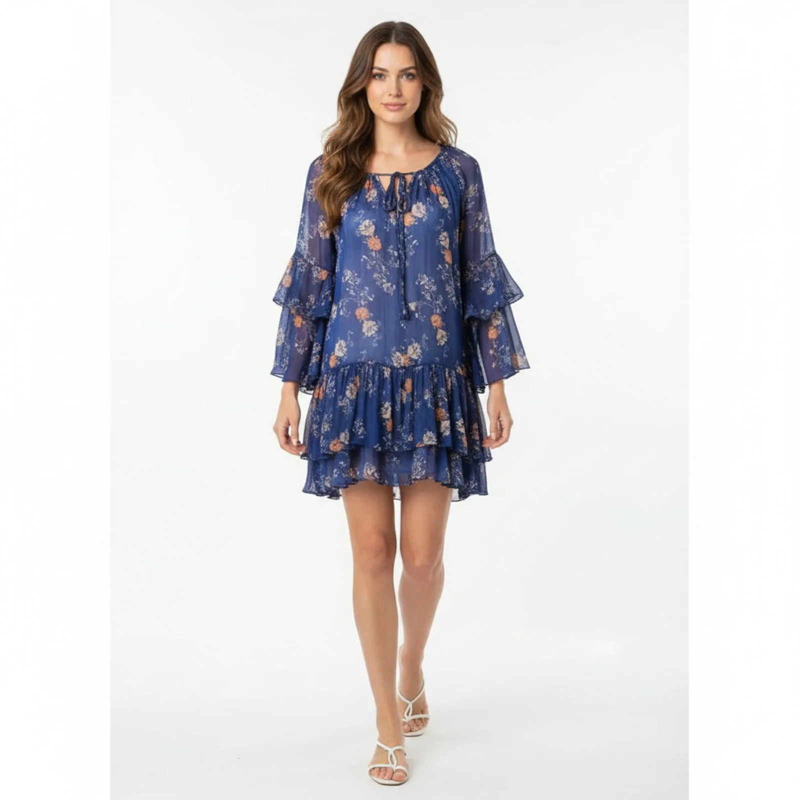 Free People Blue Floral Long Sleeve Semi Sheer Tunic Smock Dress Top XS - Image 8