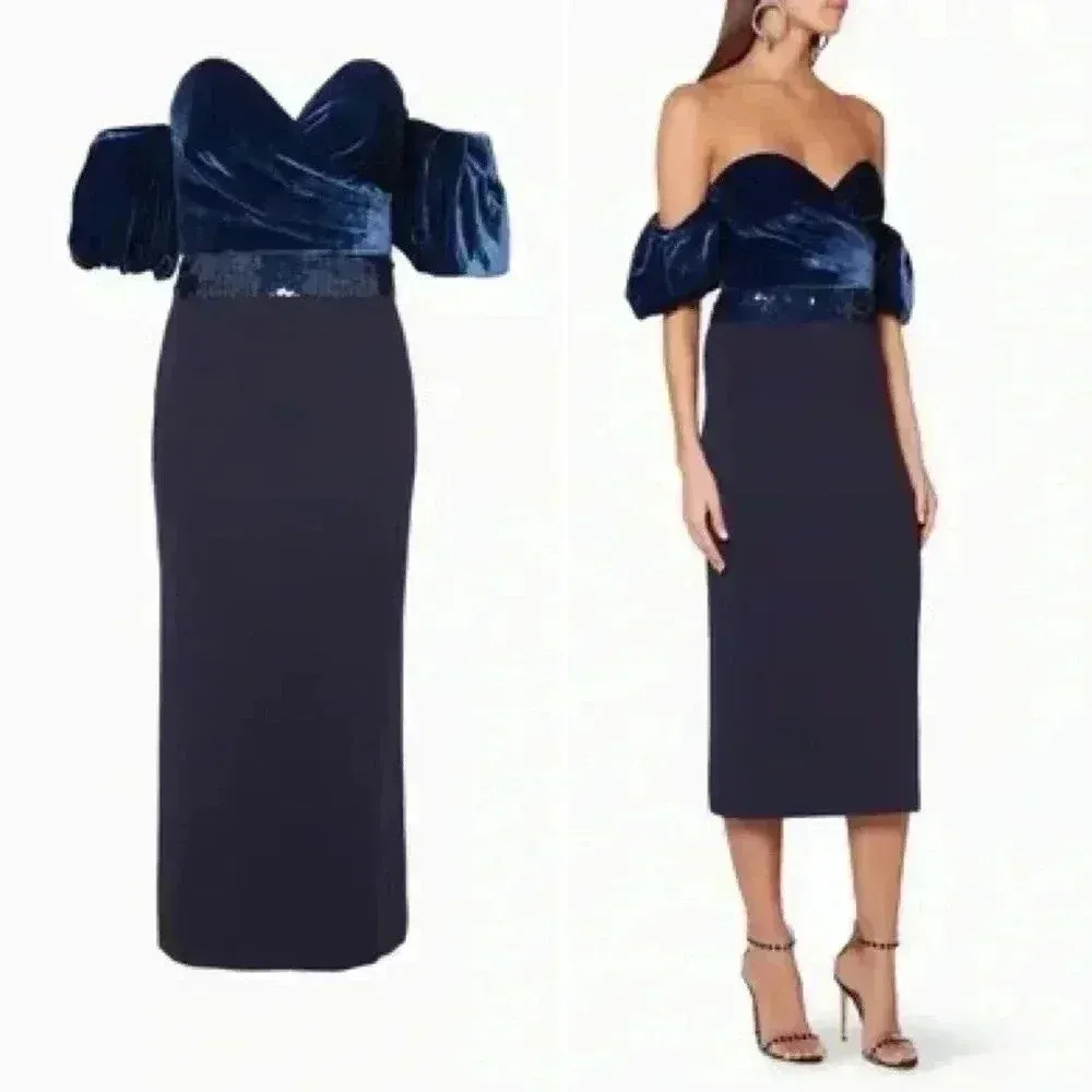 NWOT SACHIN & BABI Off-The-Shoulder Soto Midi Dress Size 6 Blue Sapphire Silk - Image 3