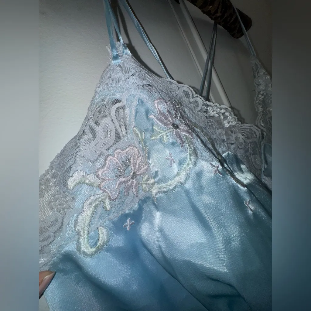 Vintage 1970s Icy Blue Maxi Slip Dress with Lace trim XL - Image 5