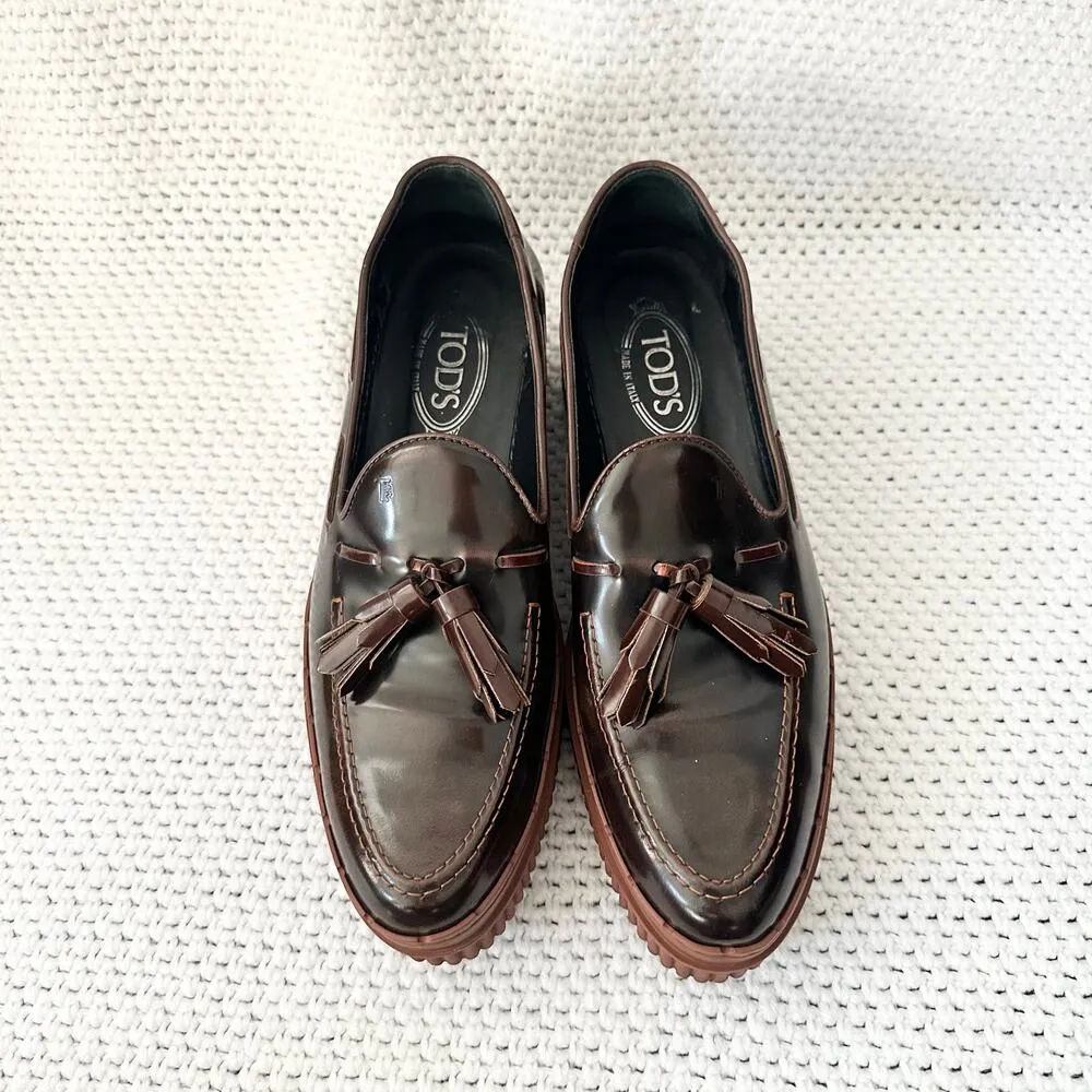 Tod's Two Tone Glossed Brown Black Almond Tassel Platform Creeper Loafers 41.5 Size 10.5 - Image 4