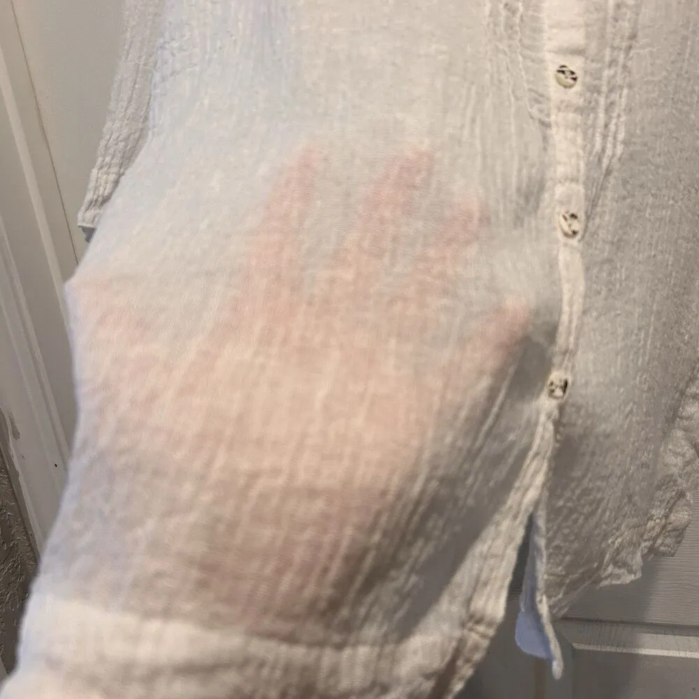 Pure J.Jill 100% Linen White Gauze Pintucked Blouse Petite L Buttoned 3/4 Sleeve - Image 6