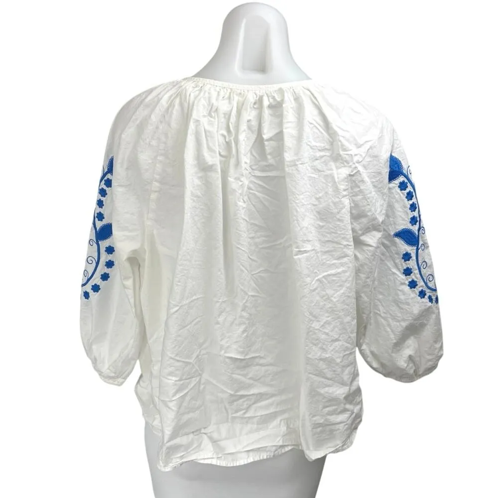 H&M White Blue Floral Paisley Embroidered Half Sleeve Button Down Blouse Top L - Image 2