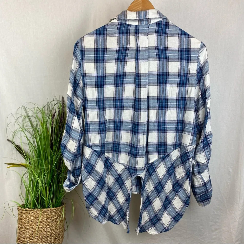 Sam Edelman Blue & White Plaid Gingham Long Sleeve Button Up Zip Shoulder Top S - Image 3