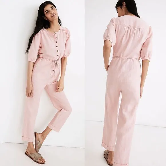 Madewell Linen-Blend Jumpsuit XS Puff-Sleeve Tassel-Tie Pink NWT‎ - Image 2