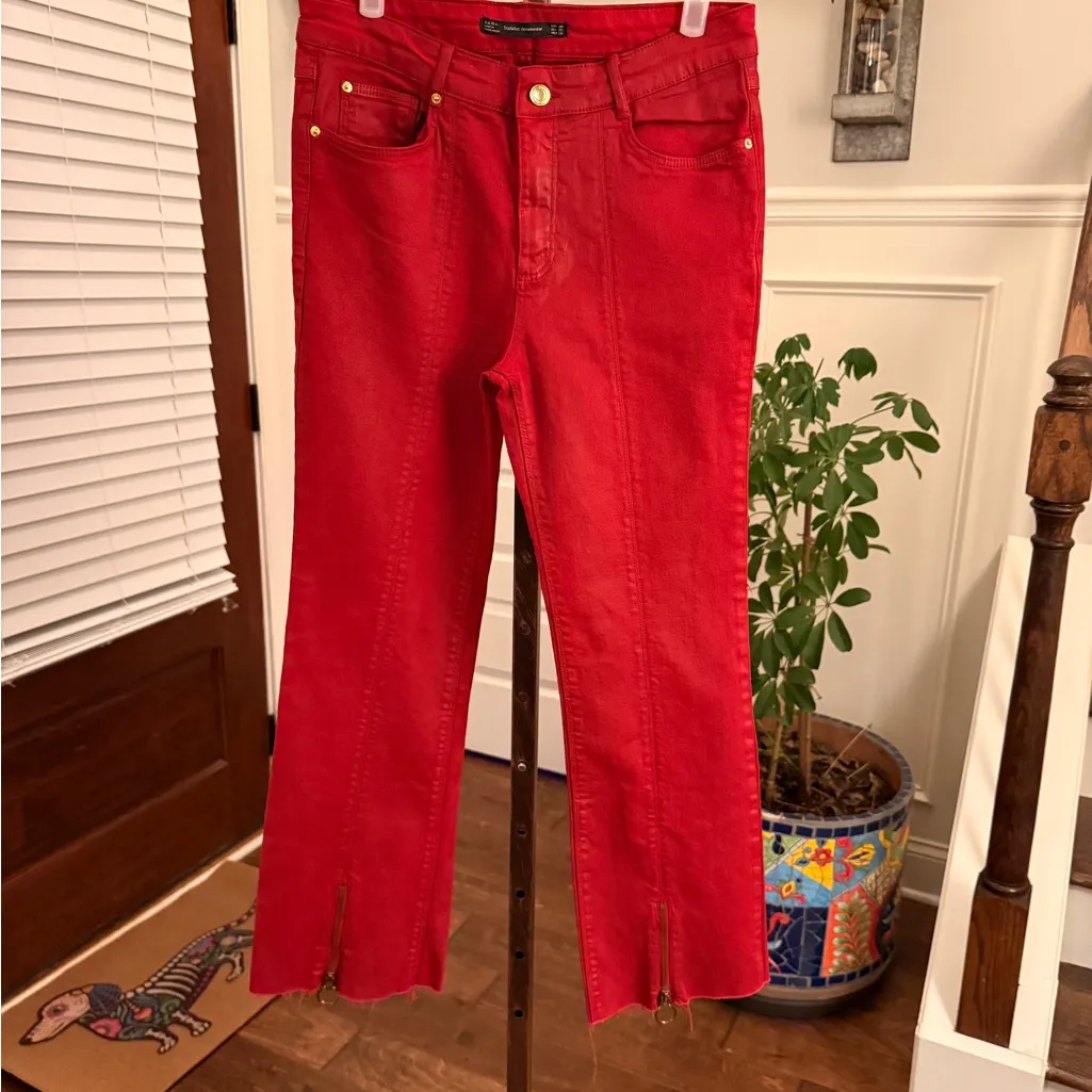 Zara Trafaluc Denimwear NWOT Red Coated Denim Pants with Zipper On Bottom Front - Image 3