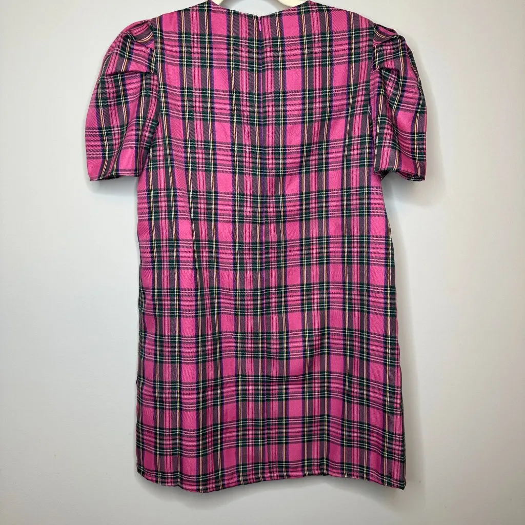 SSYS Everly Velvet Bow Trim Puff Sleeve Shift Dress Pink Tartan Women's Large - Image 6