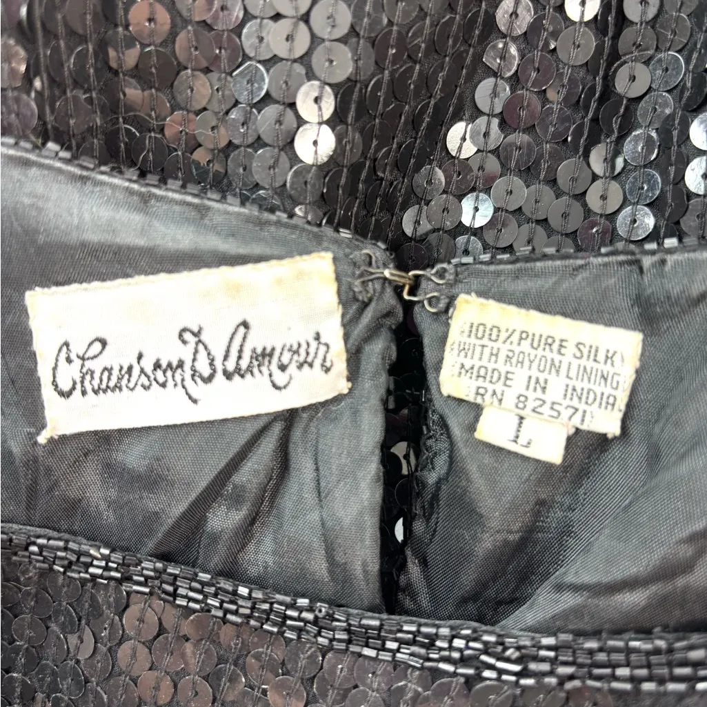Chanson d’Amour Glam 80s Silk Black Beads Sequins Blouse Top Size L - Image 10