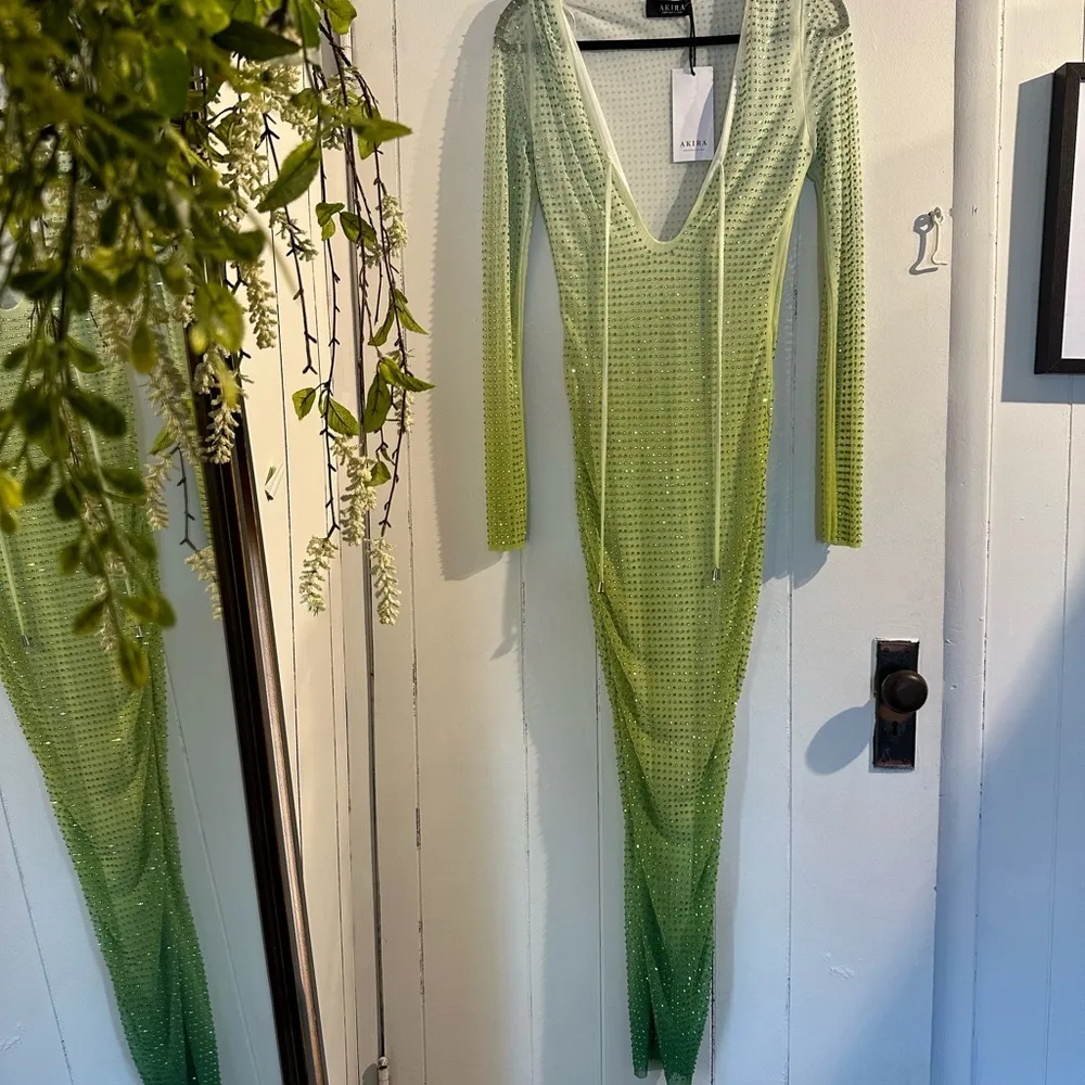 AKIRA Lime Green full rhinestone ombré Long Sleeve midi Dress - Image 2