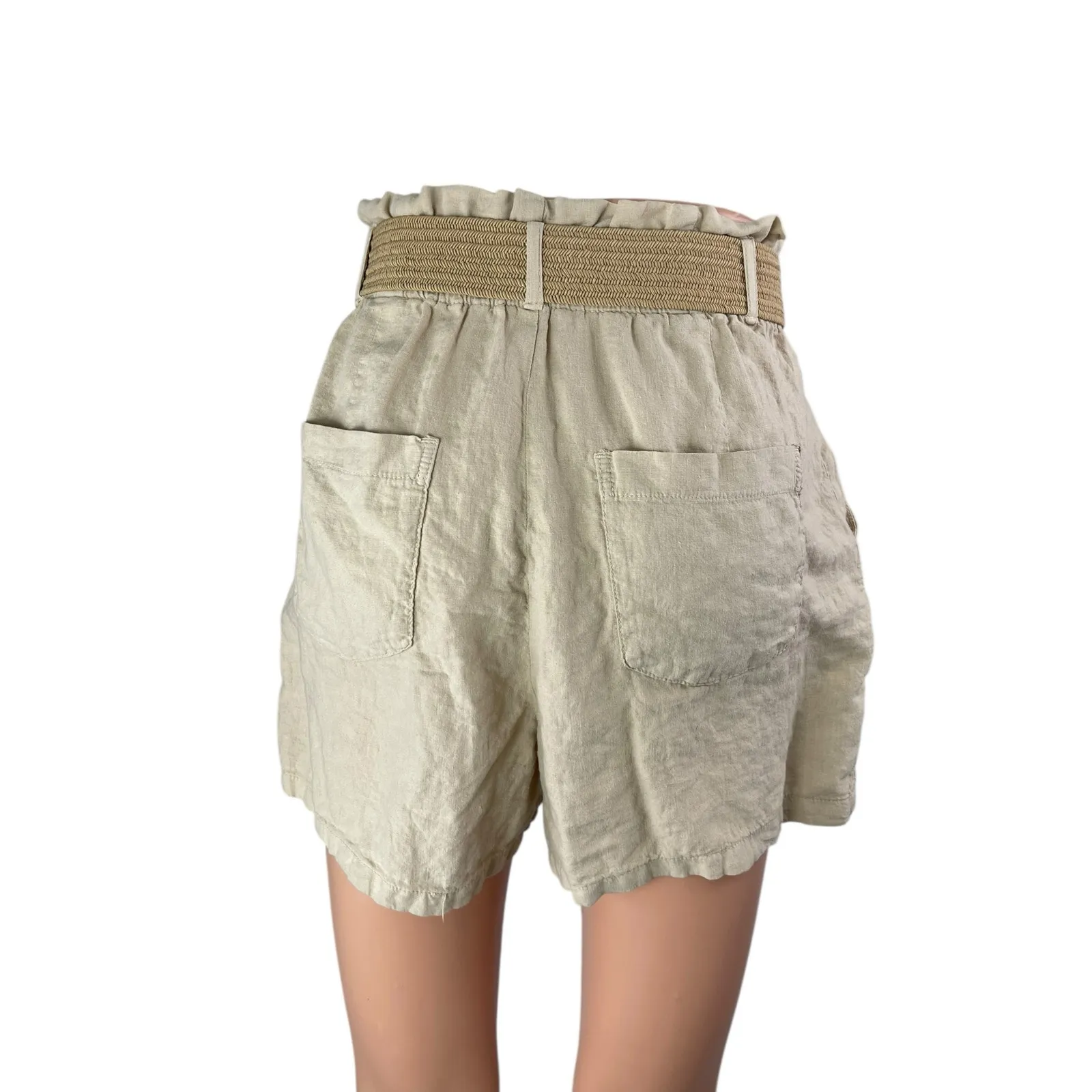 Zara Women's Beige High Waisted Belted Wide Leg Paper bag Mini Shorts Size XS - Image 2