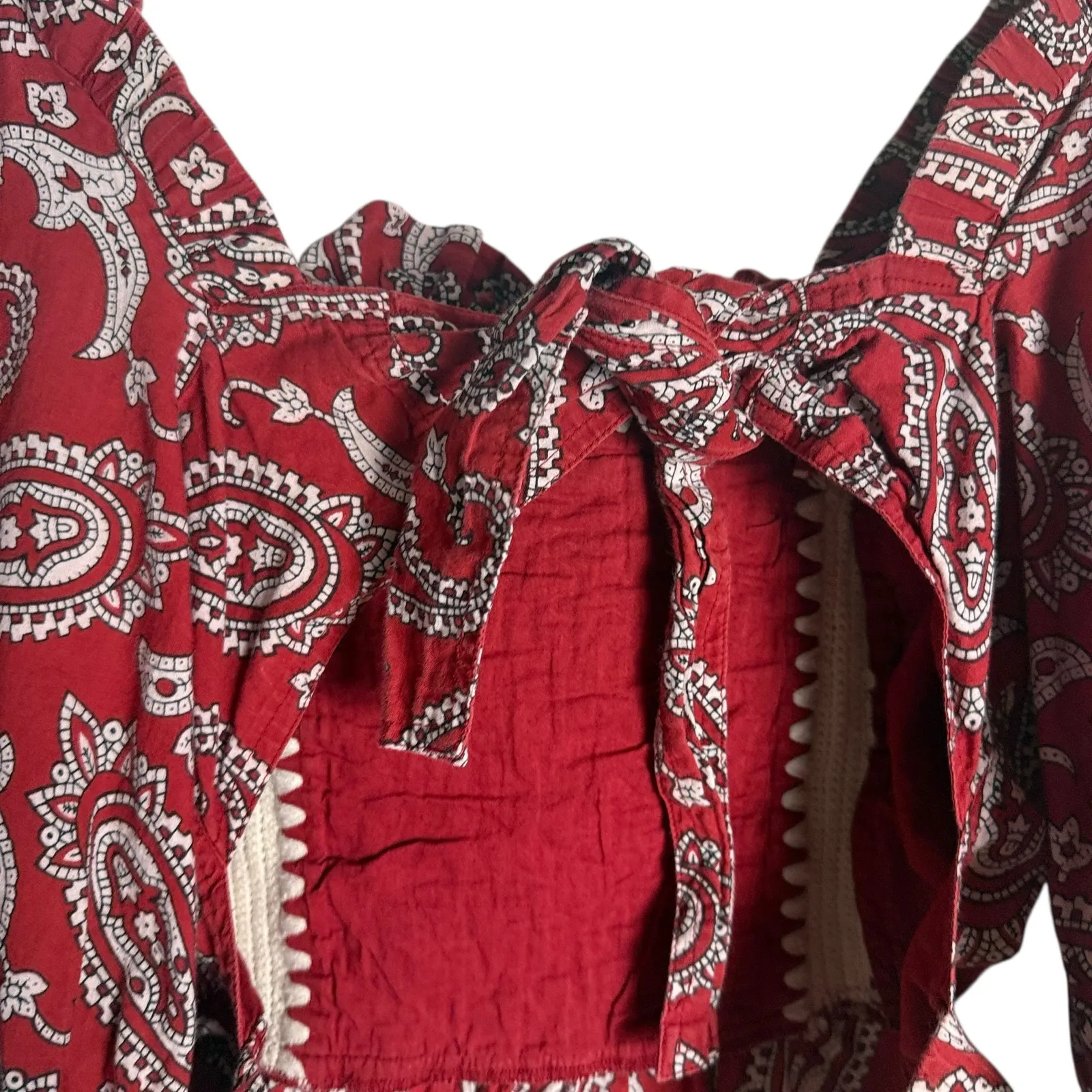 Sea New York Theodora Red Paisley Print Puff Sleeve Square Neck Crochet Trim Top - Image 14