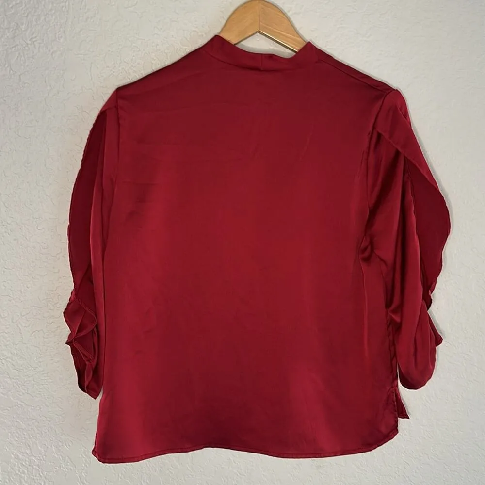 Misook Silky Burgundy Holiday Top Waterfall Sleeve V Neck Size XS 3/4 Sleeve - Image 6