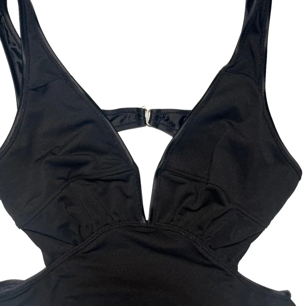 Womens Swimsuit One Piece Black Size Large Cutout Plunging Neck High Thigh Sexy - Image 9