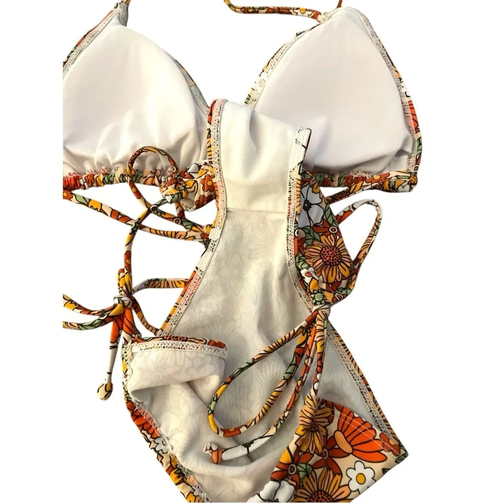 Retro Floral Orange and Brown Bikini Set Size L - Image 3