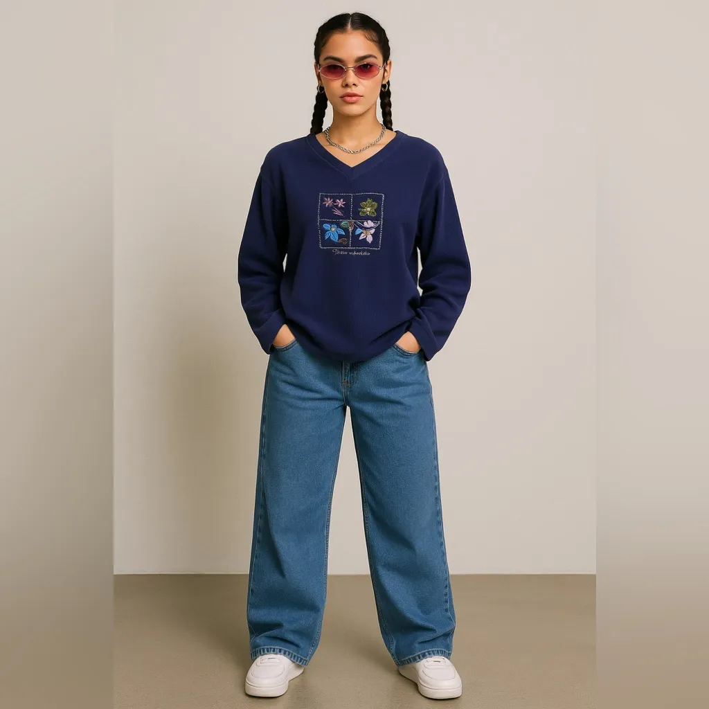 Northern Reflections Navy Embroidered Fleece Pullover Women’s L/XL 90s Vintage - Image 2