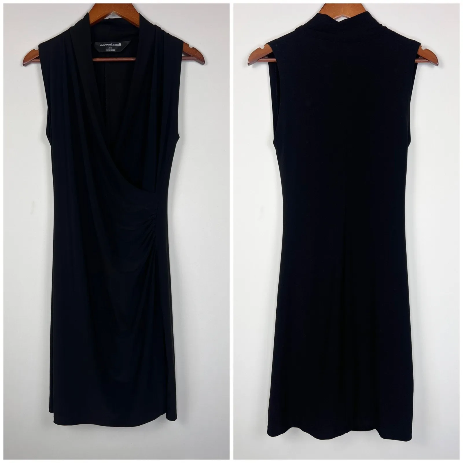 Norma Kamali Black Draped Surplice Midi Dress M Sleeveless Stretch Bodycon - Image 3