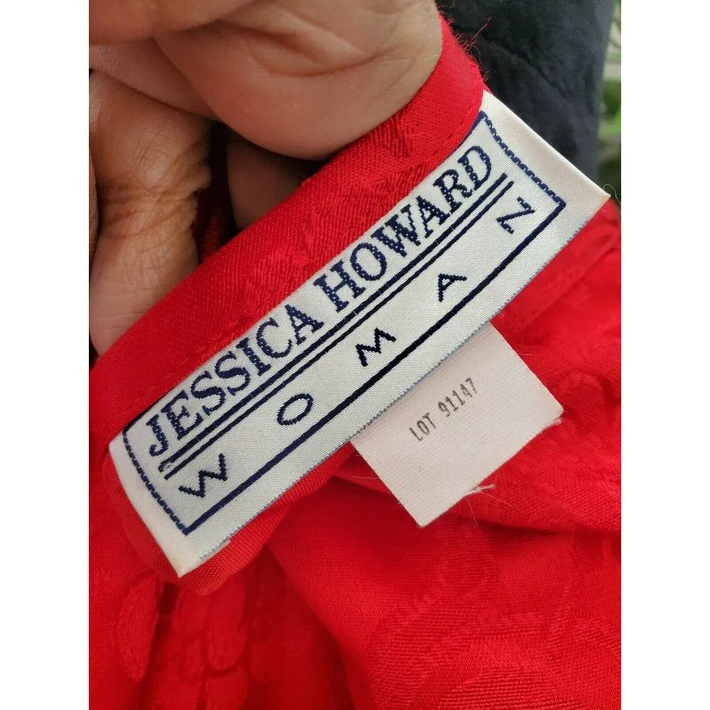 Vintage Jessica Howard Red Floral Rayon Round Neck 3/4Sleeve Knee Length Dress L - Image 8