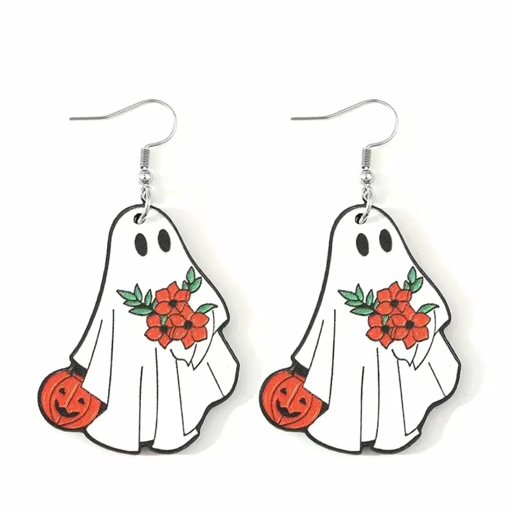 White Ghost Pumpkin‎ Pattern Dangle Earrings Retro Cute Style Wooden Jewe… - Image 3