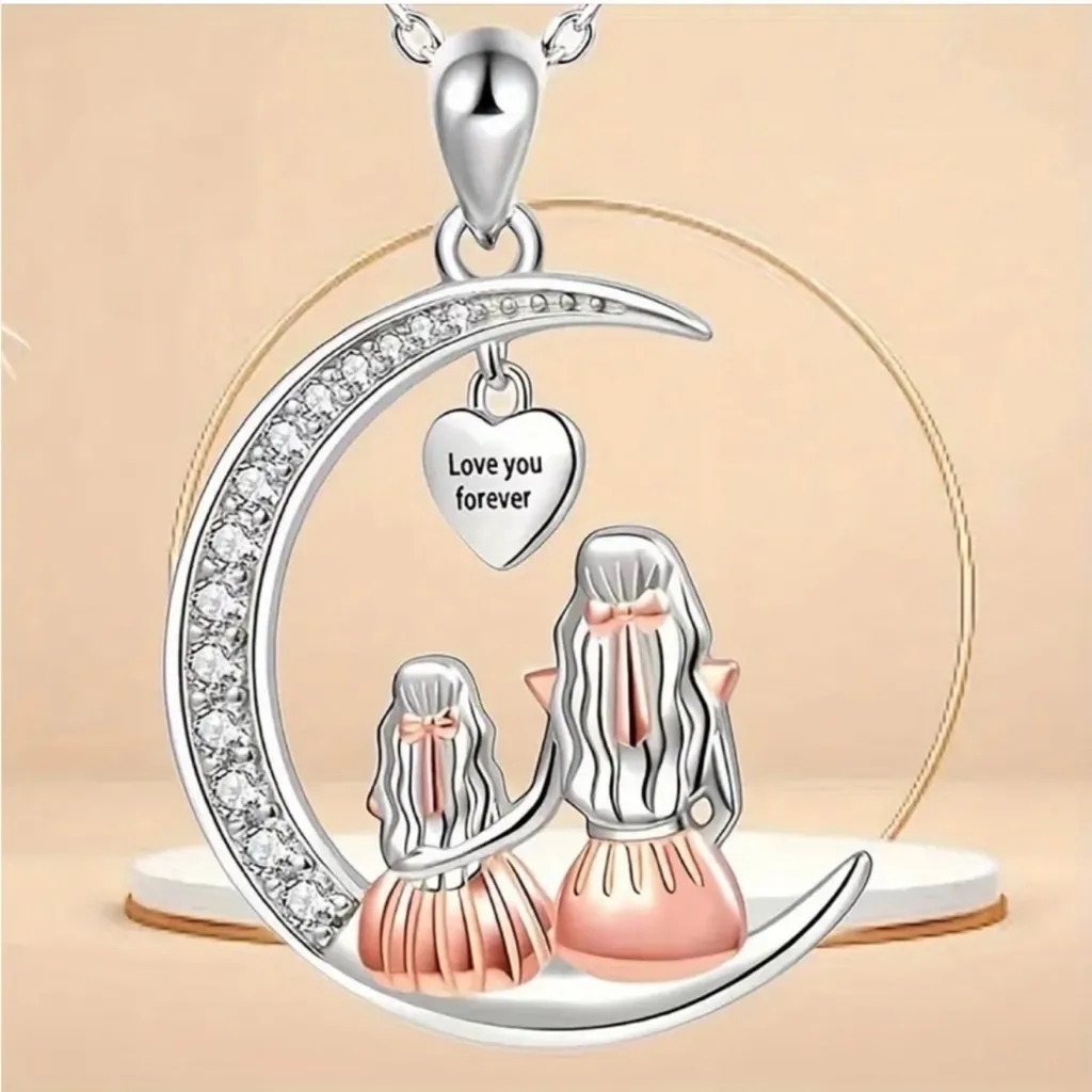 Mother & Daughter Crescent Moon Necklace “Love You Forever” Gift NWT Silver - Image 4