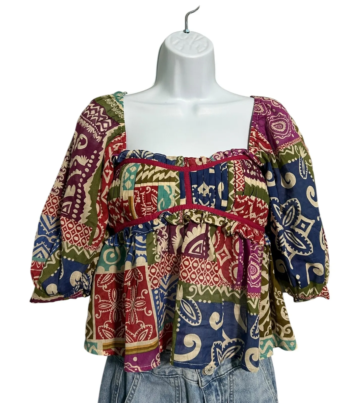 Dress Forum Los Angeles NWOT Multicolor Patchwork Square Neck Puff Sleeve Top - Image 1