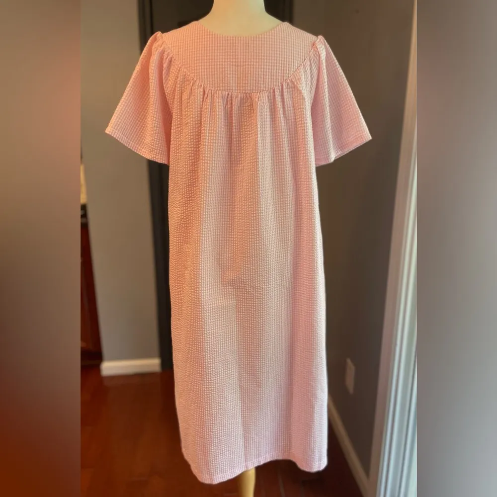 New Miss Elaine Seersucker Pink & White Gingham Snap Up Housecoat Dress - Image 4