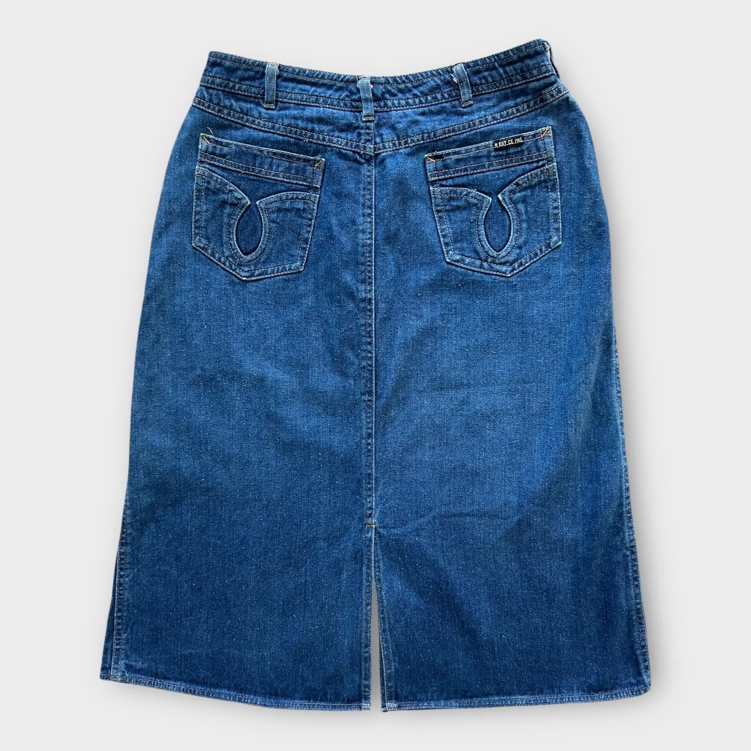 Vintage N' Est Ce Pas Denim Jean Midi Skirt Western Size 13/14 French Boho Retro Blue - Image 2