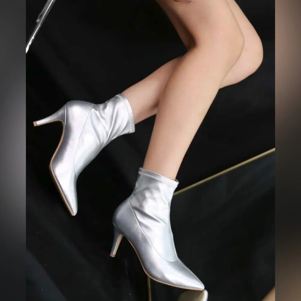Zara Leather Silver Metallic Pointed Toe Sock Ankle Booties - Image 4