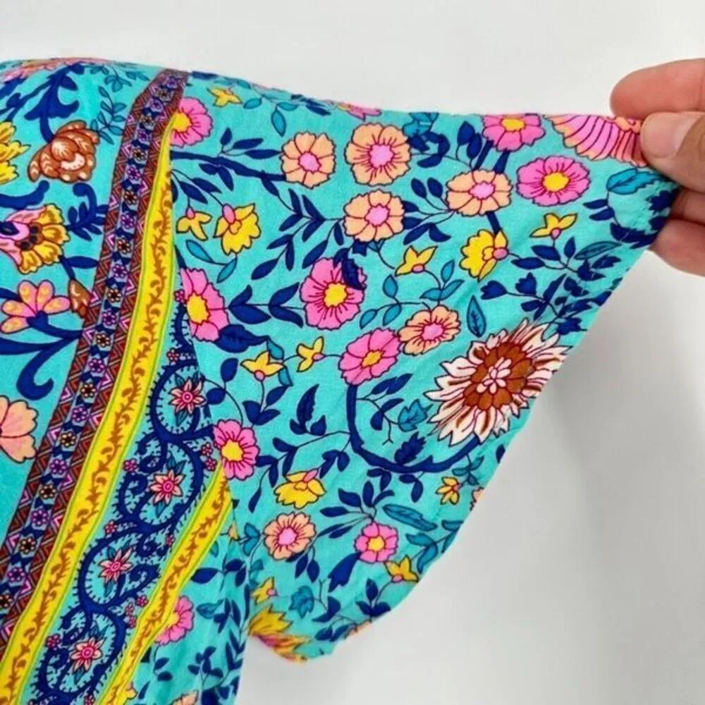 Boutique Short Sleeve Boho Floral Mixed Print Maxi Wrap Dress Boho Blue Small Ru - Image 5