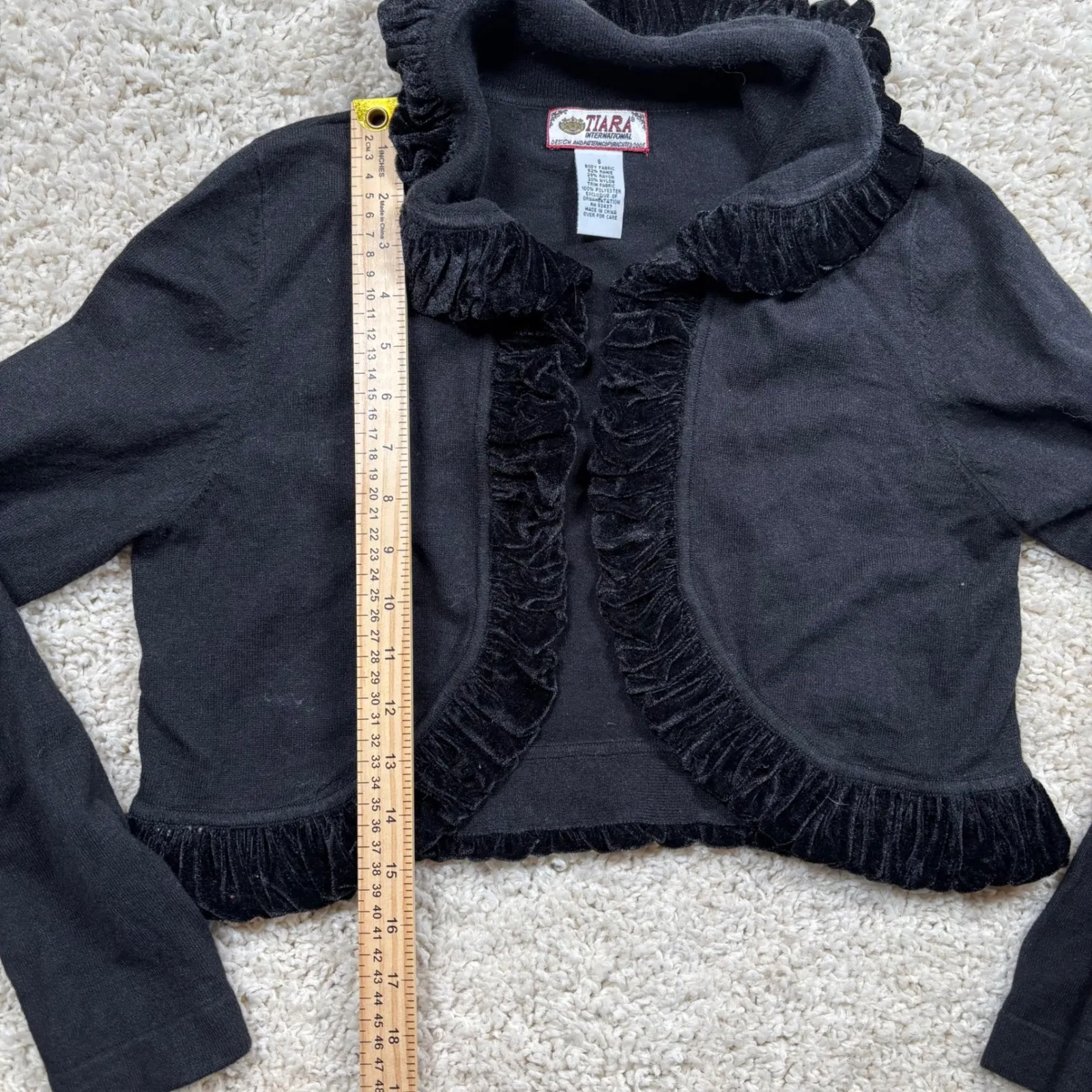Tiara International Black Velvet Trim Ruffle Bolero Shrug Cardigan Womens Size S - Image 4