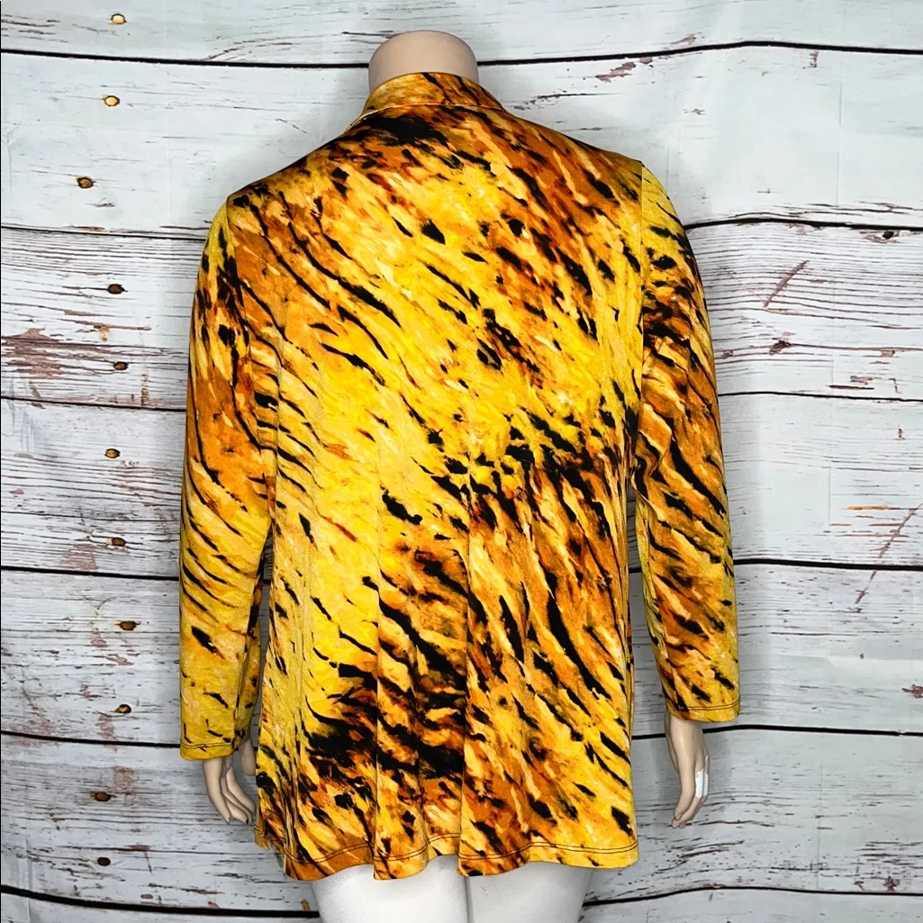 Susan Graver Sz XL Yellow & Black Printed Liquid Knit Button Up Tunic Blouse Top - Image 3