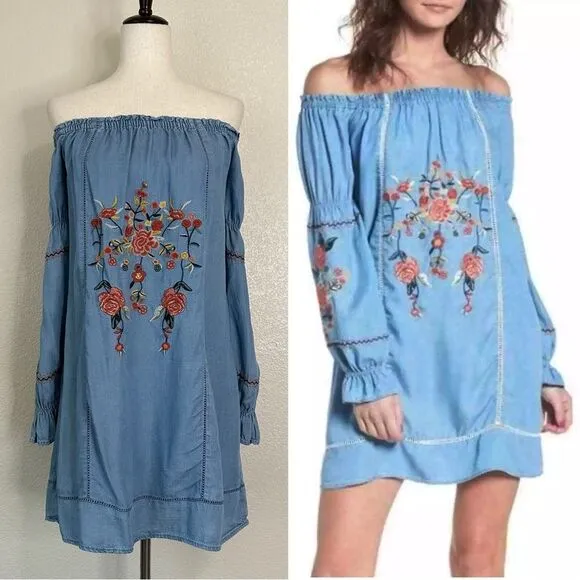 Socialite 100% Lyocell Chambray Embroidered Floral Flared Cuffs Dress, Sz Medium - Image 2