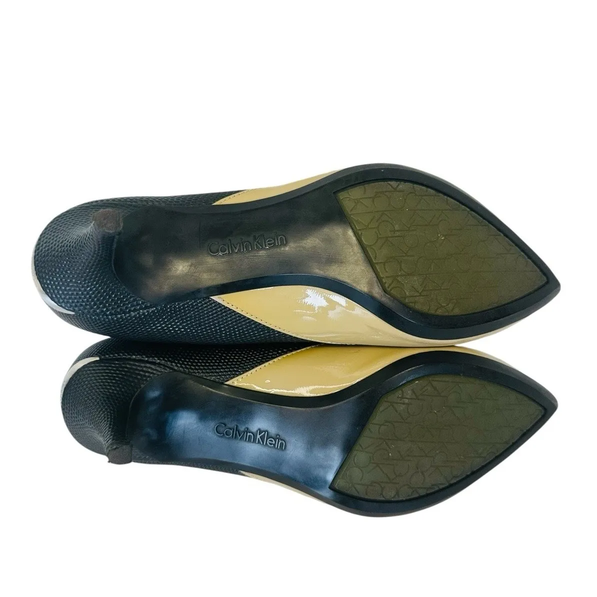 Calvin Klein 2 Tone Cream Tan Khaki/Black Heel Woman's Size 7 Texture‎ New Read - Image 6