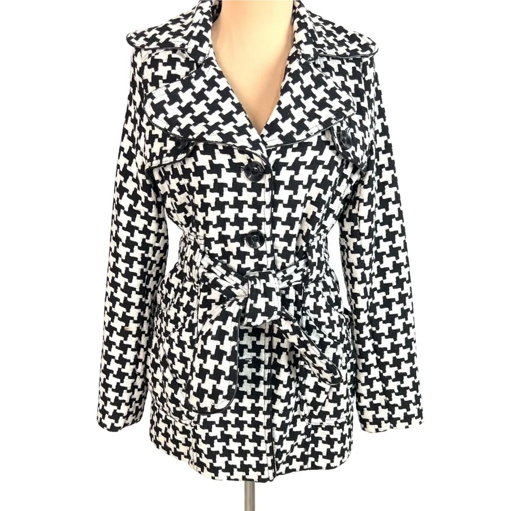 Me Jane Houndstooth Trench Coat Jacket Size S Wool Blend Black White - Image 2