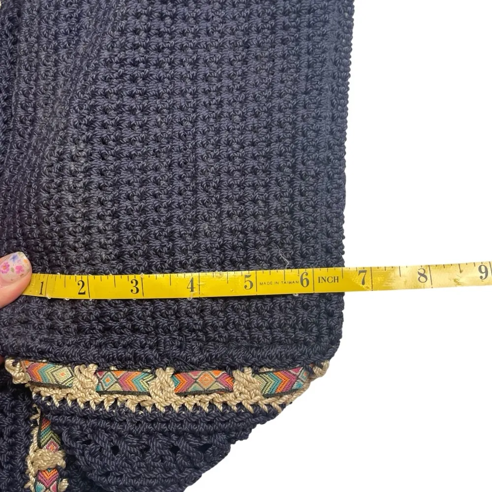 The Sak Cambria Crocheted Large Double Strap Zip Top Tote Navy Woven Ribbon EUC - Image 8