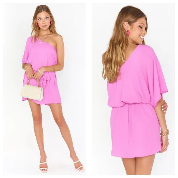 NWT Show Me Your Mumu Trish Mini Dress Size XS Hot Pink One Shoulder Chiffon - Image 2
