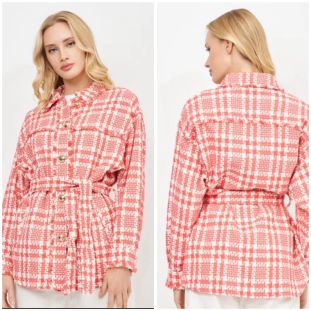 ZARA Tweed Houndstooth Belted‎ Pink/White Plaid Boucle Jacket Size XS - Image 2