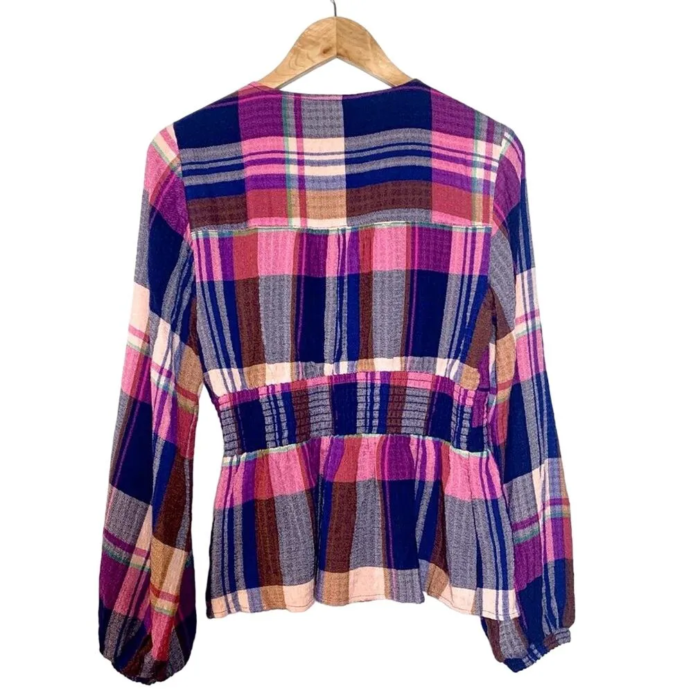 Pilcro Anthropologie Plaid Peplum Smocked Waist Long Sleeve Top Pink Navy Small - Image 3