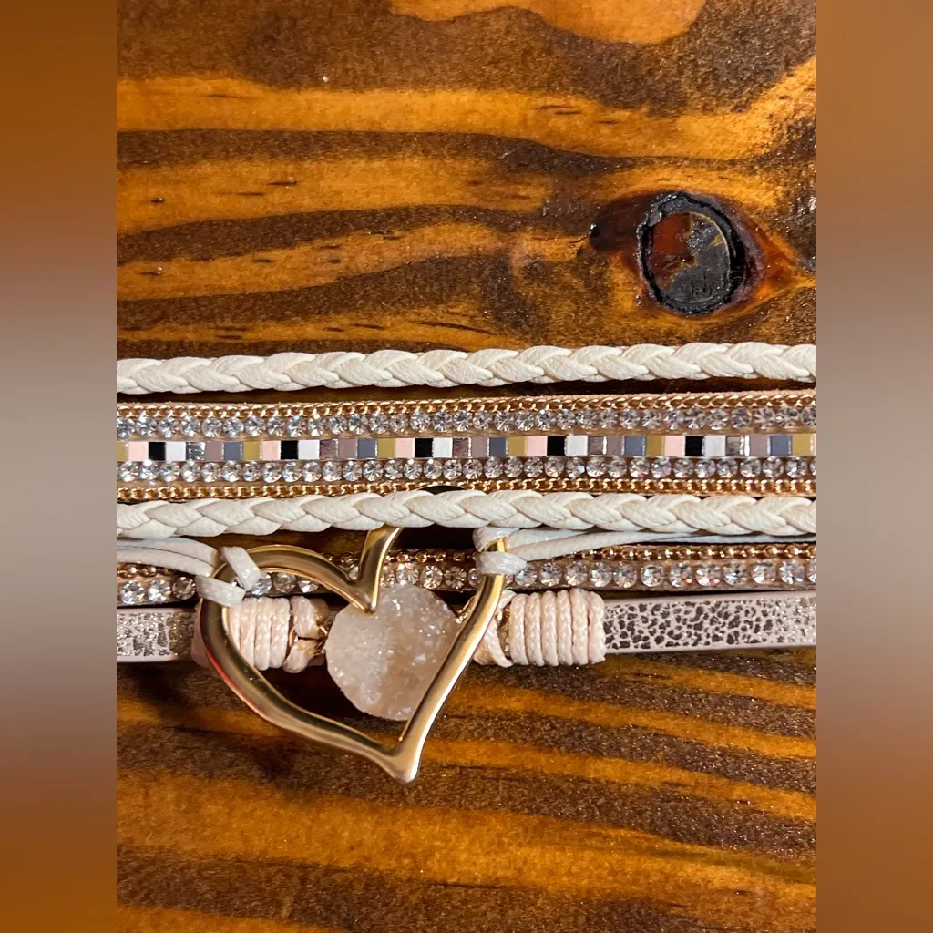 Gold Cream Heart and Stone Bracelet magnetic closure wide beaded cord boho artsy - Image 7