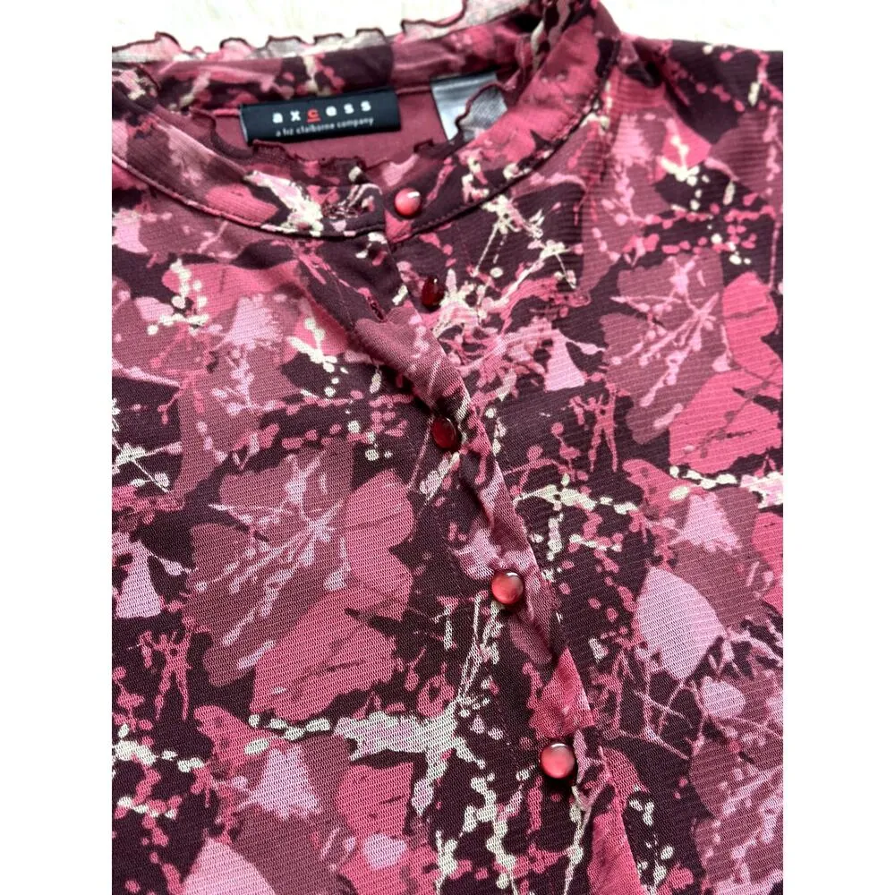 Vintage Cute Medium Y2K Mesh Sheer 90s Blouse Red Floral Lettuce Hem Whimsygoth - Image 4