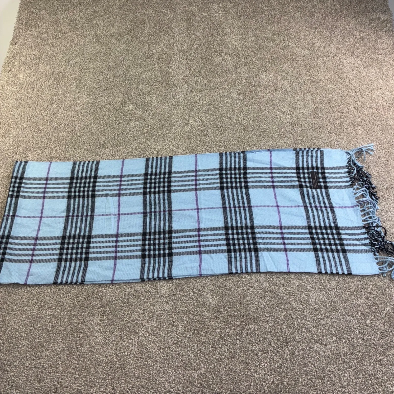 100% Cashmere Super Soft Unisex Light Blue Plaid Fringe Scarf Fringe Neck Warmer - Image 6