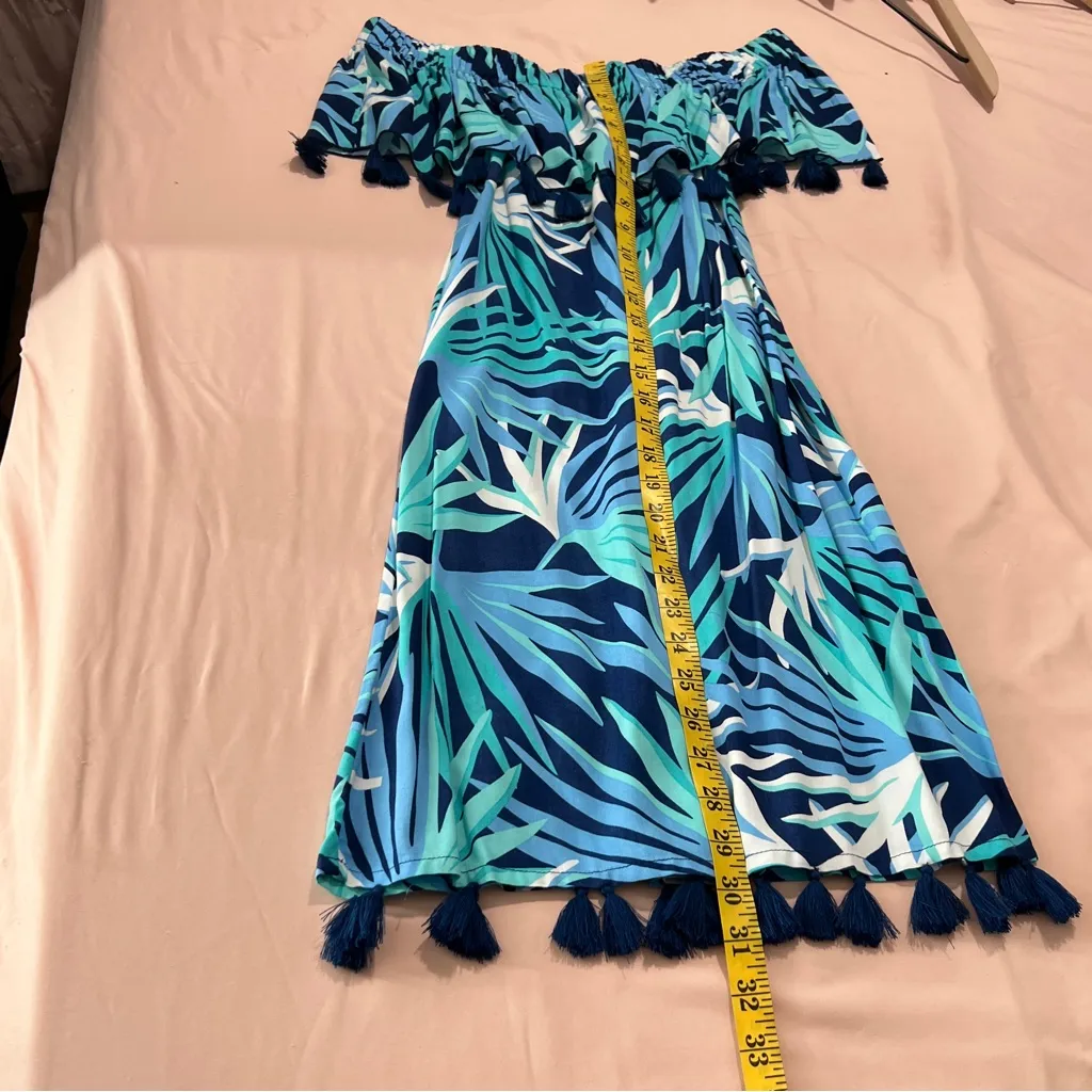 Escapada Living Monica Tassel‎ Dress Blue Tropical Leaf Print Off The Shoulder - Image 13