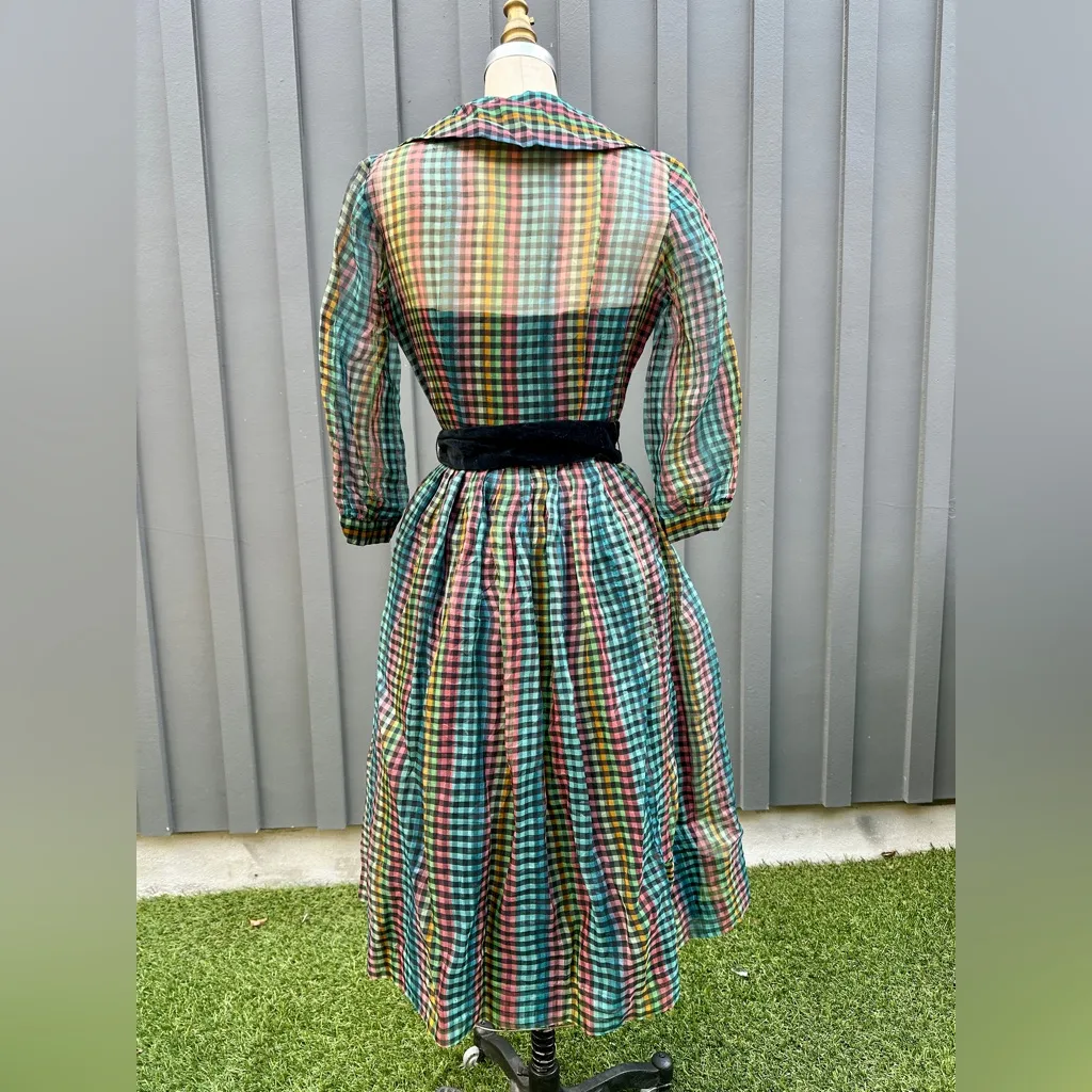 NWT Deadstock Vintage 1950s Betty Barclay Rainbow Plaid Silk Dress - Image 5