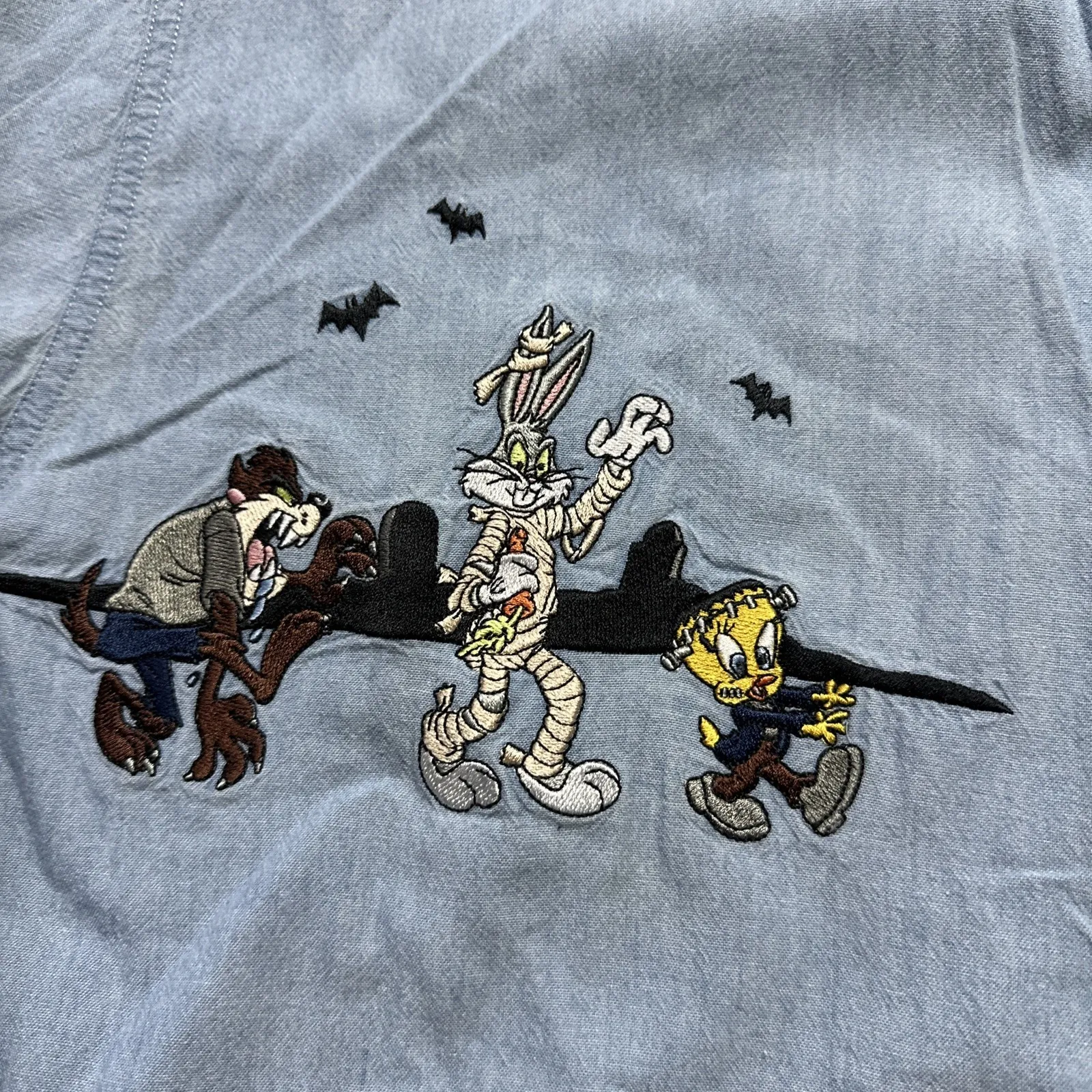 Vintage Looney Tunes Toons Women's M Button Shirt 90s HALLOWEEN ART SCOOBY Blue Size M - Image 4
