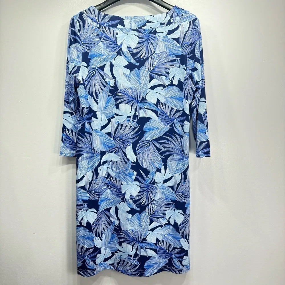 Caribbean Joe Blue Tropical Leaves 3/4 Sleeve Beachy Vacation Dress Size Small - Image 7