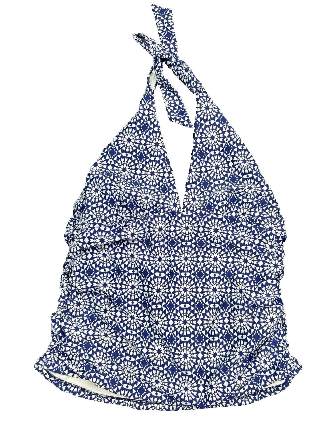 Helen Jon Halter Tankini Swim Top Navy White Geometric Print USA Made Stretch L Blue Size L - Image 1