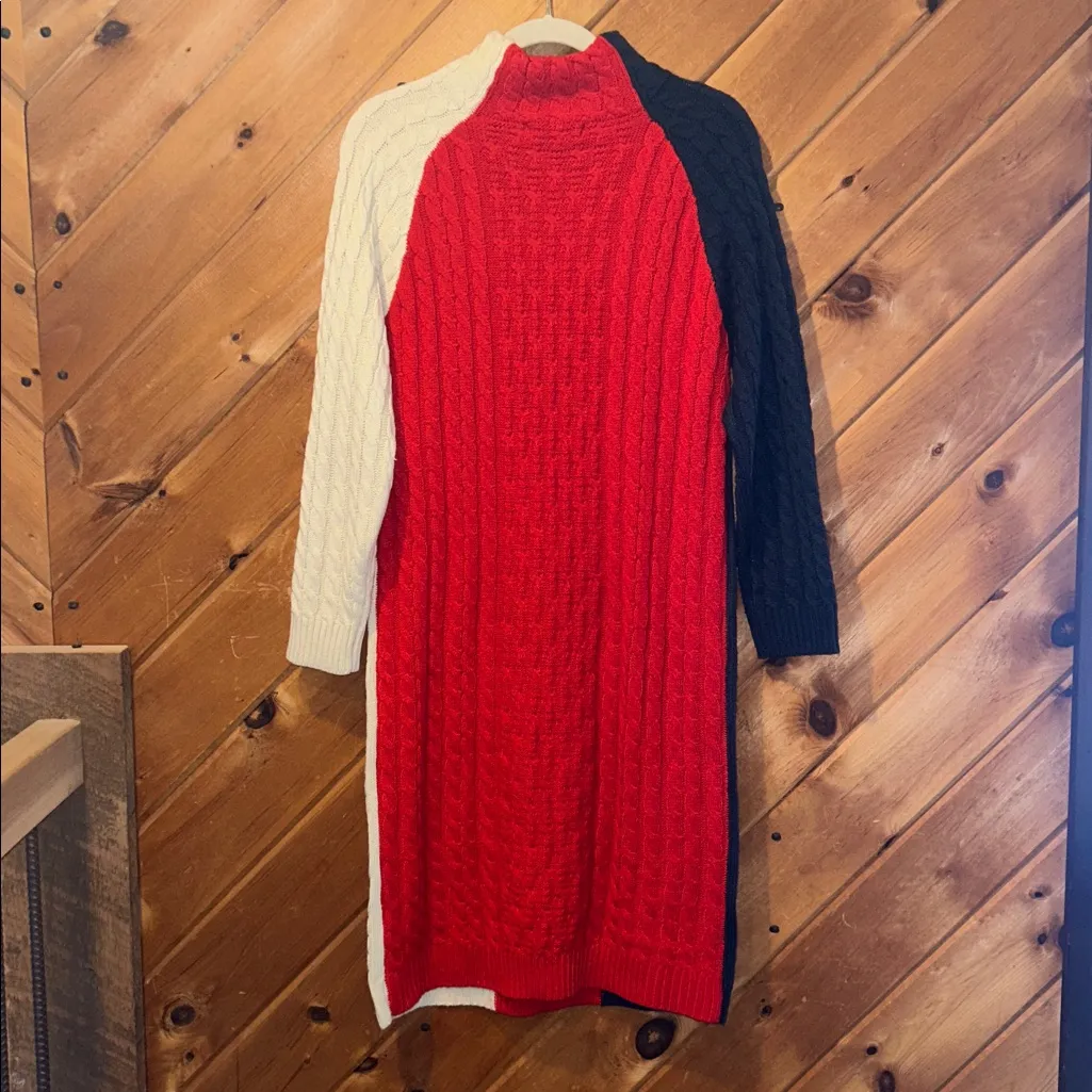 Red White & Blue Cable chunky knit long sleeve midi sweater dress - Image 4