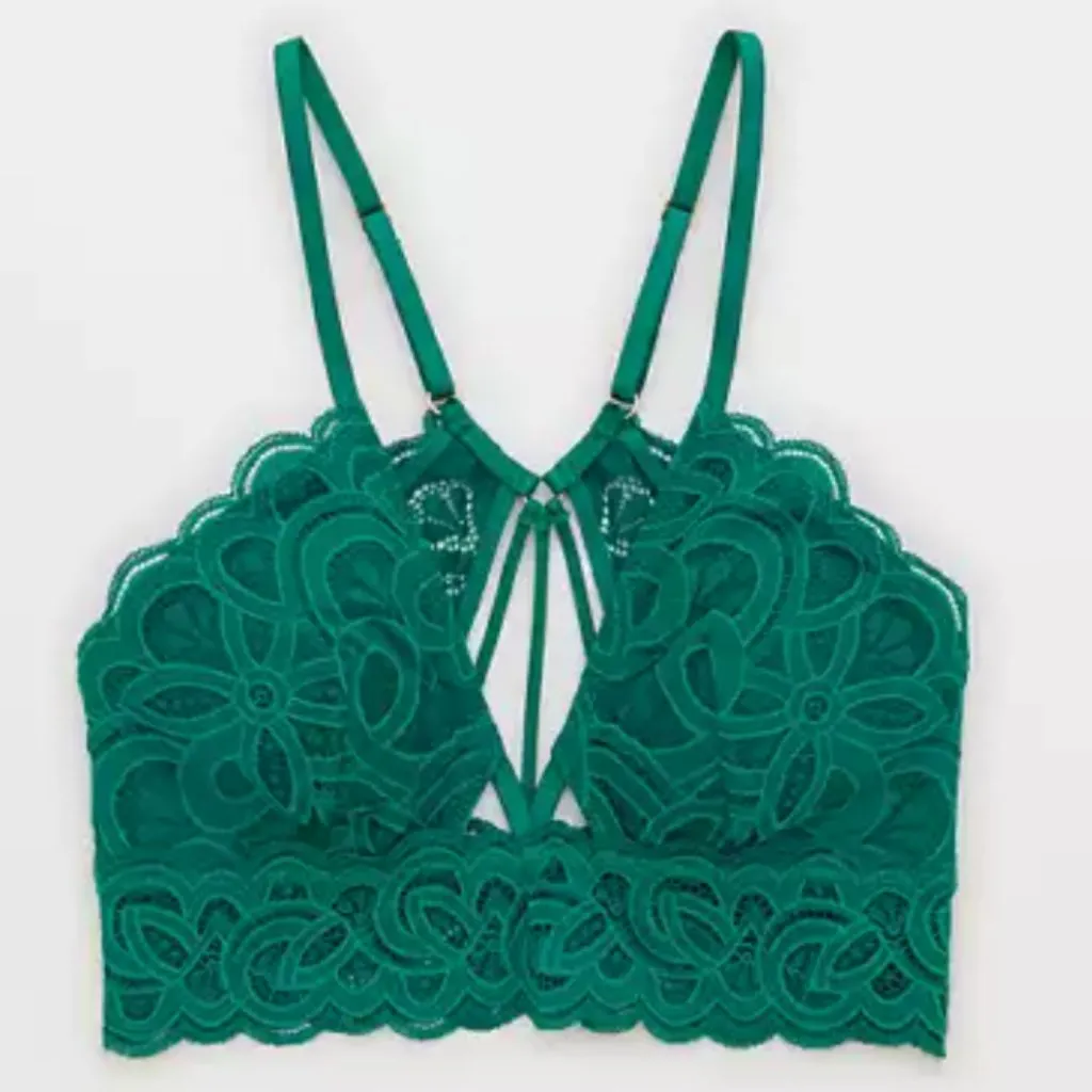Aerie Show Off Rooftop Garden Lace Padded Plunge Bralette Green Envy XL - Image 3