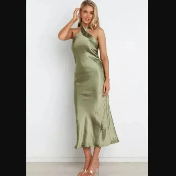 Petal & Pup Grasie Olive Green Satin Halter Maxi Dress 2 - Image 9