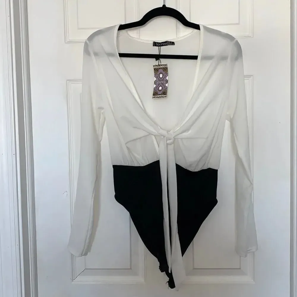 Boohoo White Black Tie Front Bodysuit Size 4 - Image 2