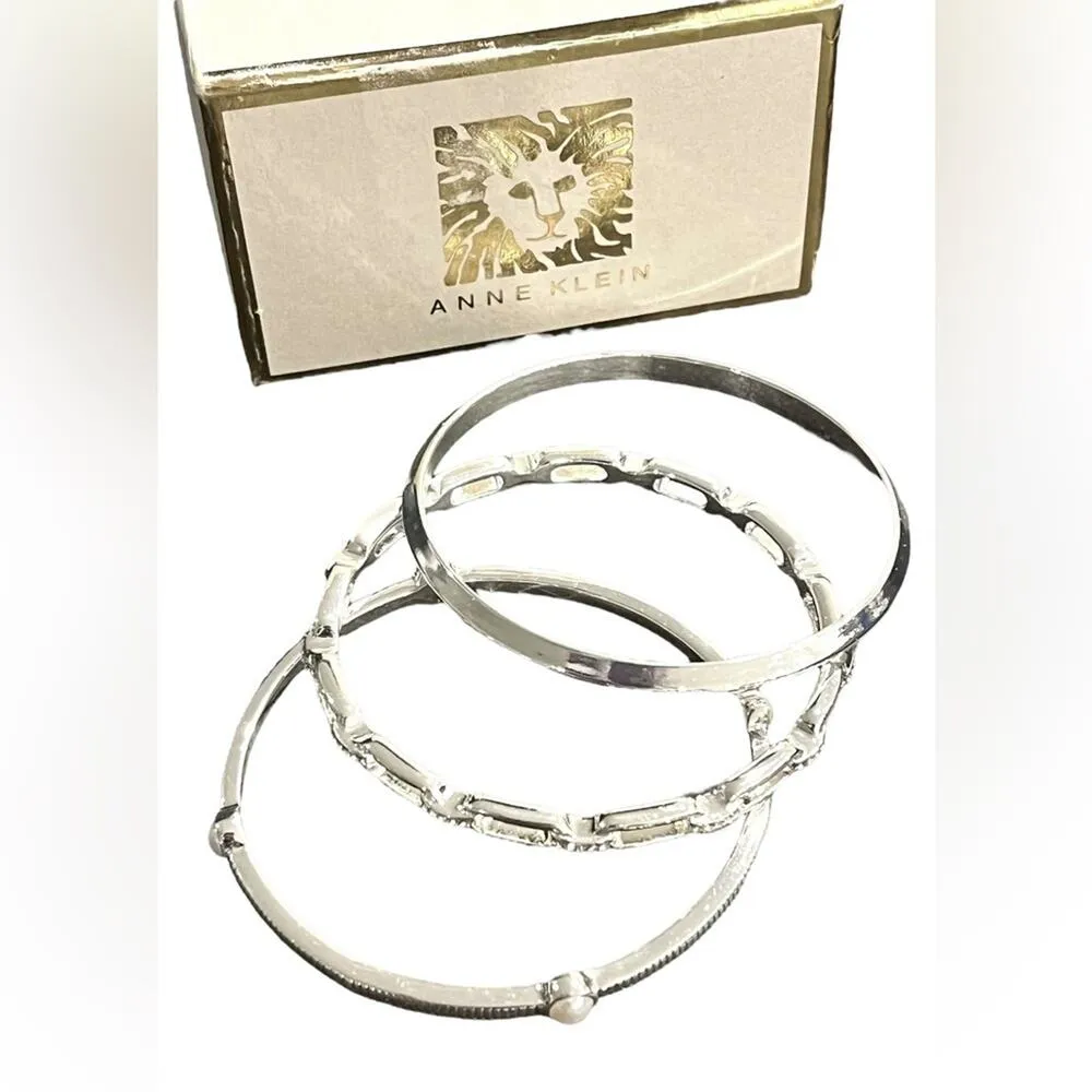NEW Anne Klein BANGLE BRACELETS Silver Tone 3-Pc Set Crystal & Faux Pearl Boxed - Image 6